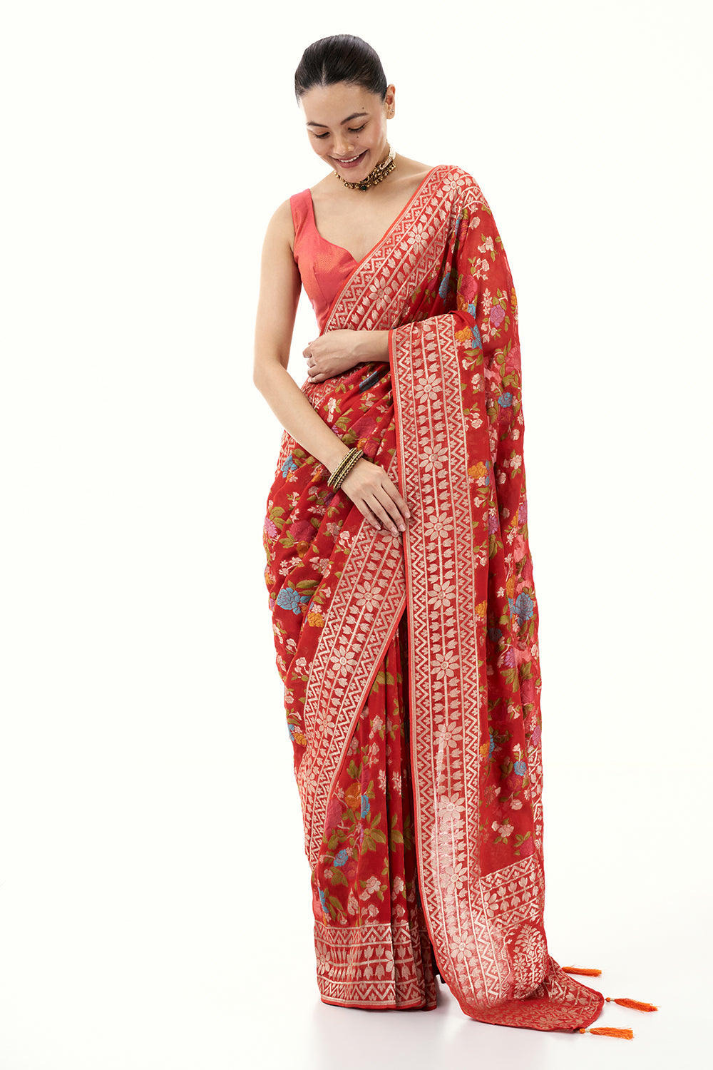 Tomato Red Khadi Georgette Woven Saree with Floral Designs