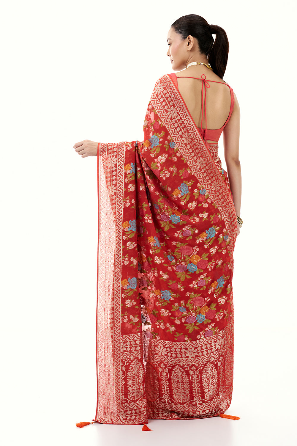 Tomato Red Khadi Georgette Woven Saree with Floral Designs