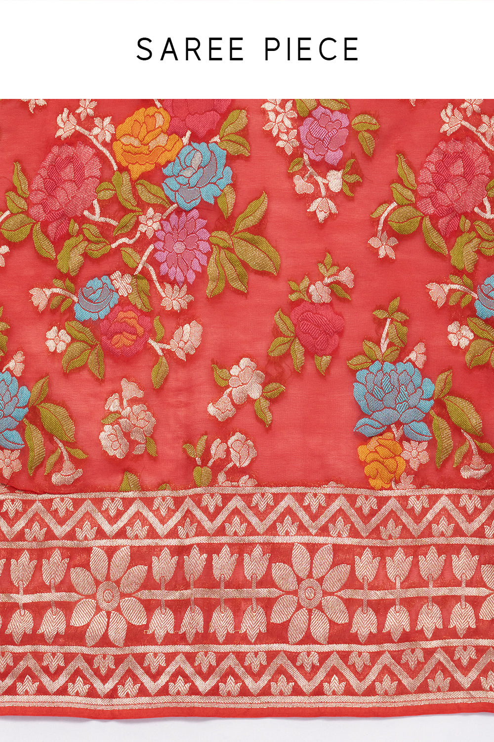 Tomato Red Khadi Georgette Woven Saree with Floral Designs