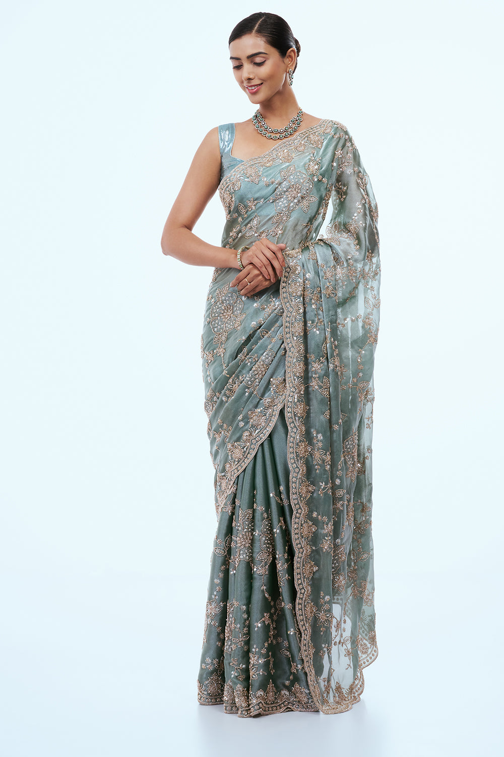 Turquoise Glass Tissue Saree with Cutdana Work