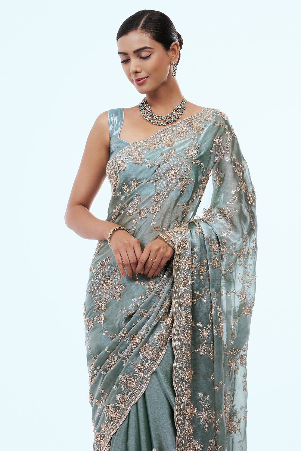 Turquoise Glass Tissue Saree with Cutdana Work