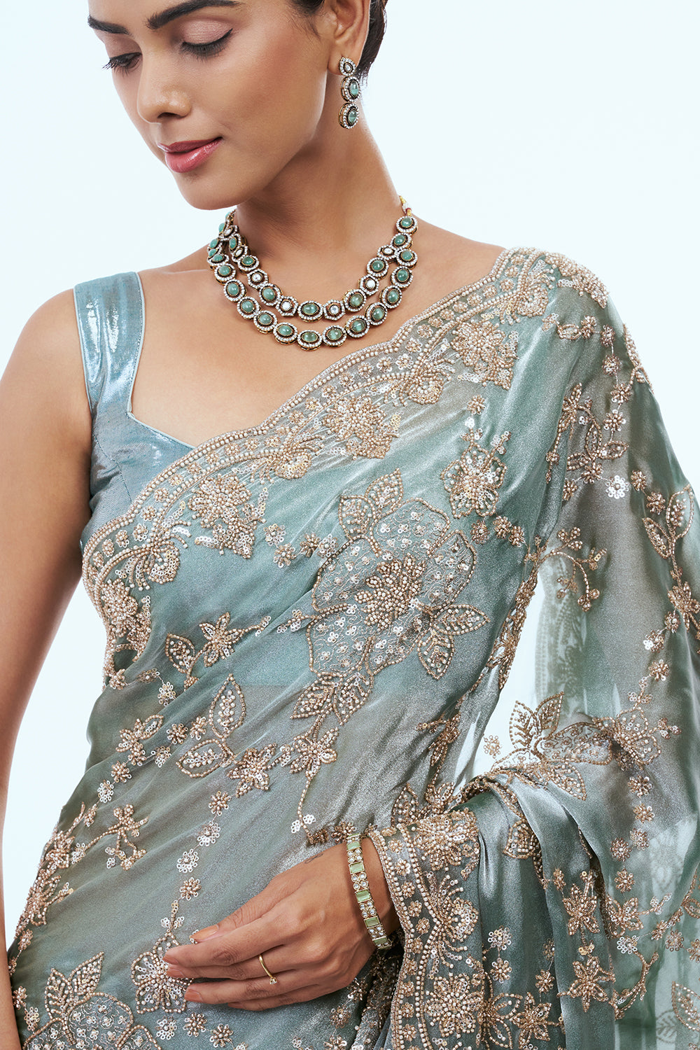 Turquoise Glass Tissue Saree with Cutdana Work