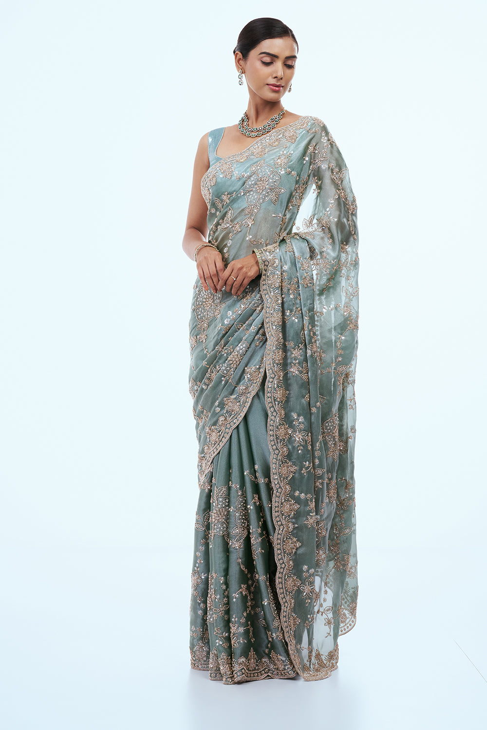 Turquoise Glass Tissue Saree with Cutdana Work