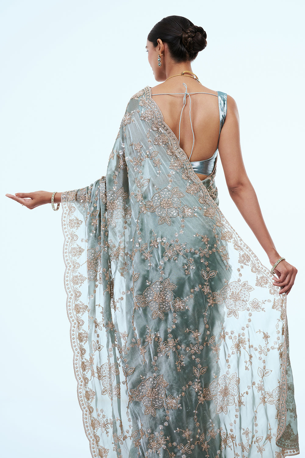 Turquoise Glass Tissue Saree with Cutdana Work