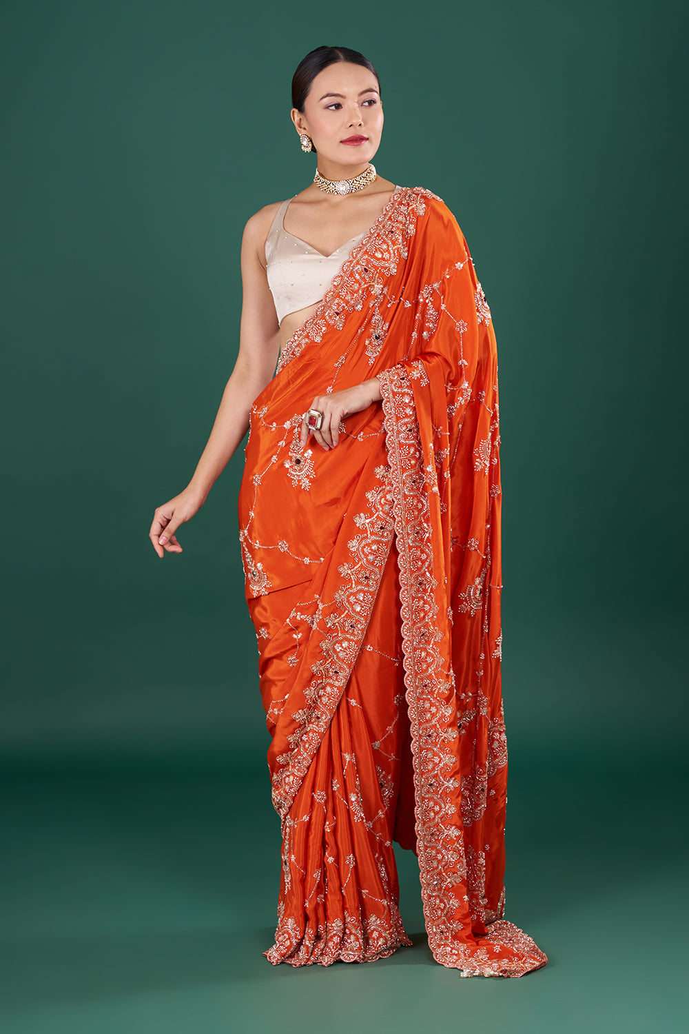 Vermilion Orange Saree with Scalloped Border and Unstitched Blouse