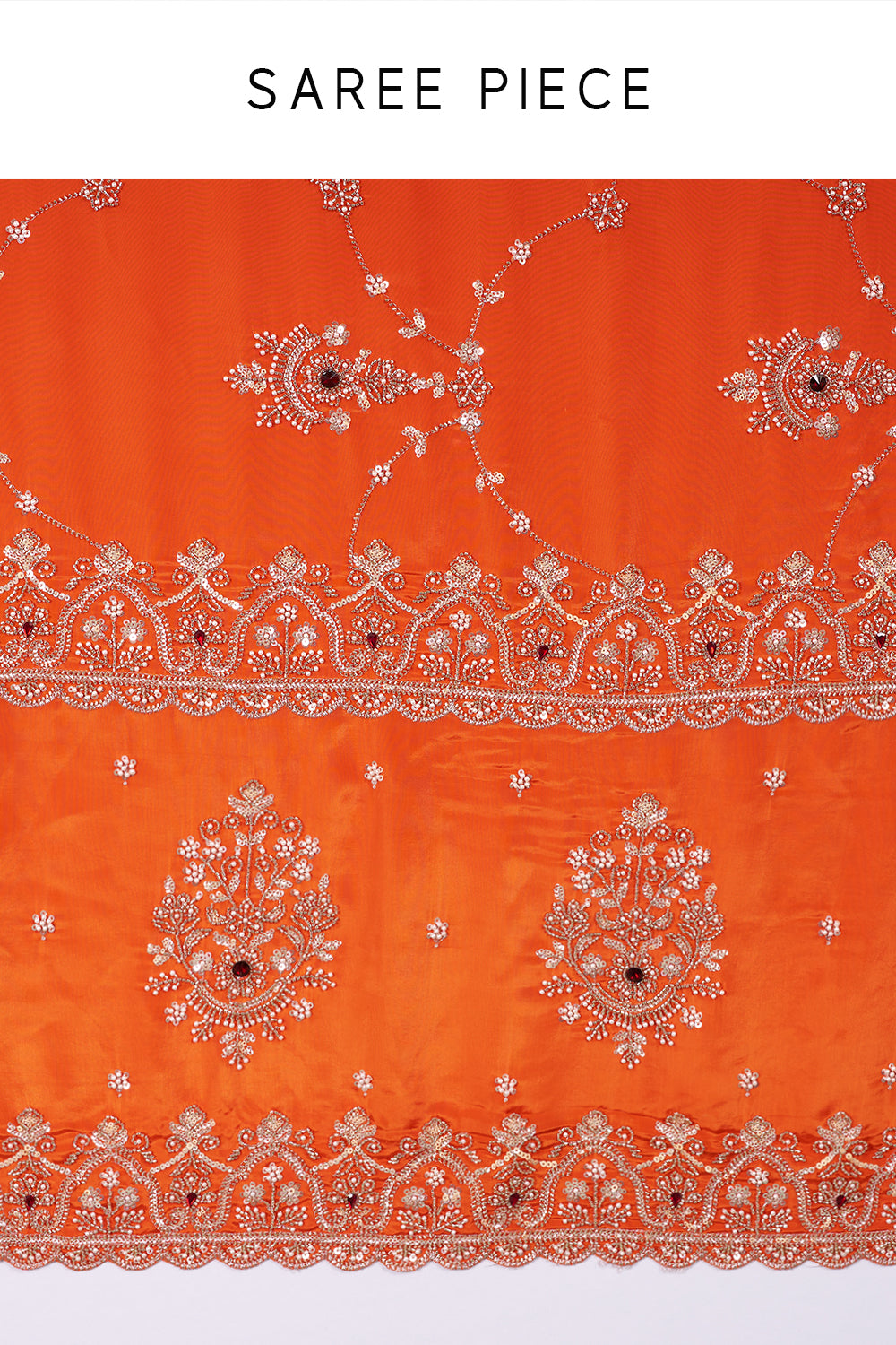 Vermilion Orange Saree with Scalloped Border and Unstitched Blouse