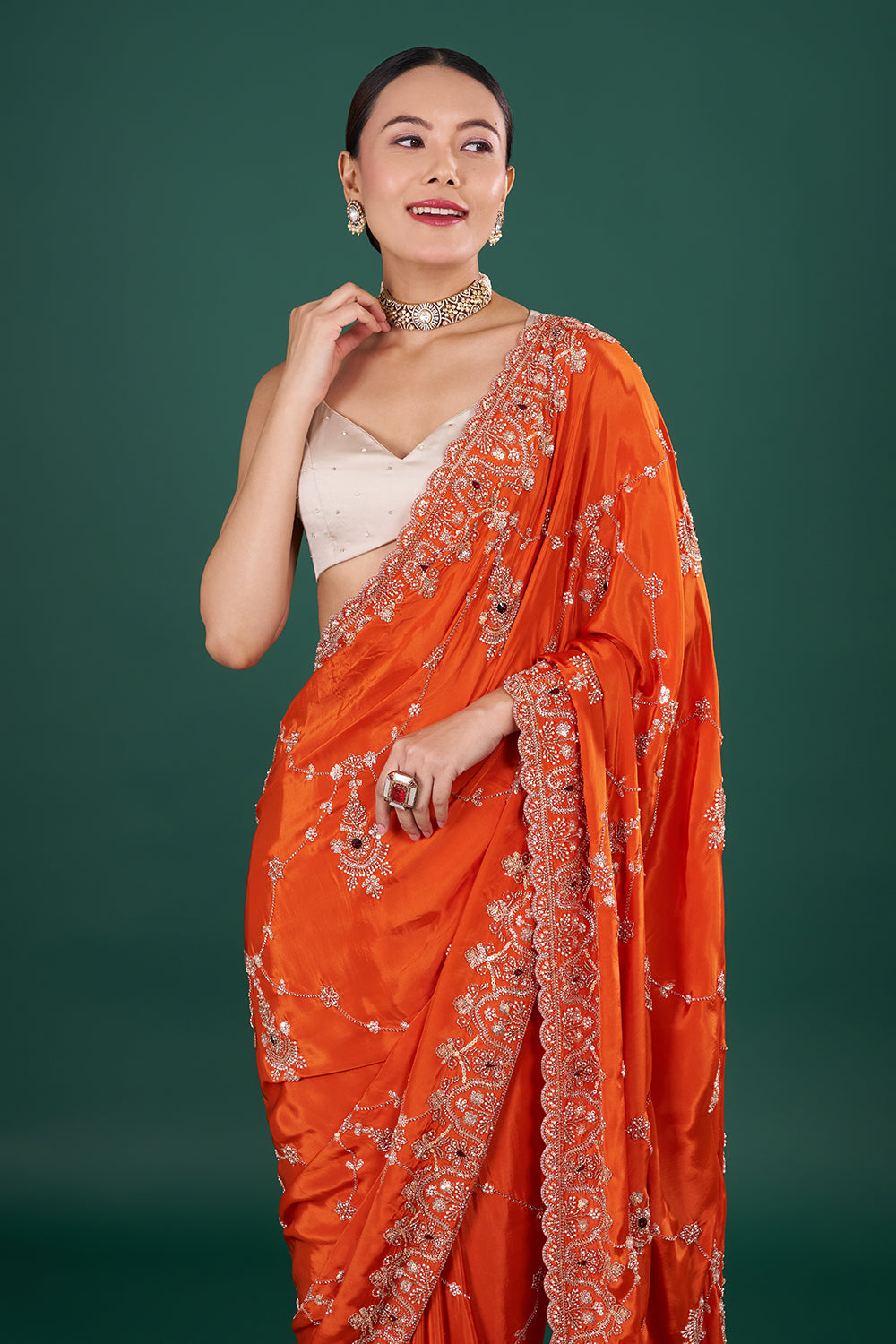 Vermilion Orange Saree with Scalloped Border and Unstitched Blouse