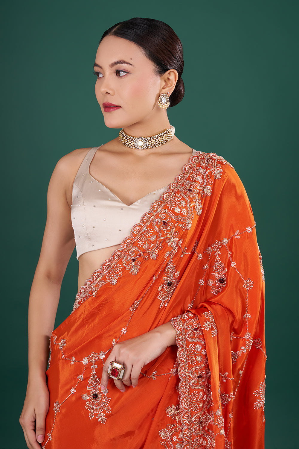 Vermilion Orange Saree with Scalloped Border and Unstitched Blouse