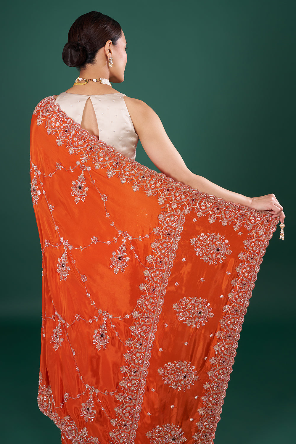 Vermilion Orange Saree with Scalloped Border and Unstitched Blouse