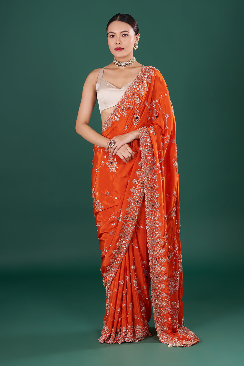 Vermilion Orange Saree with Scalloped Border and Unstitched Blouse