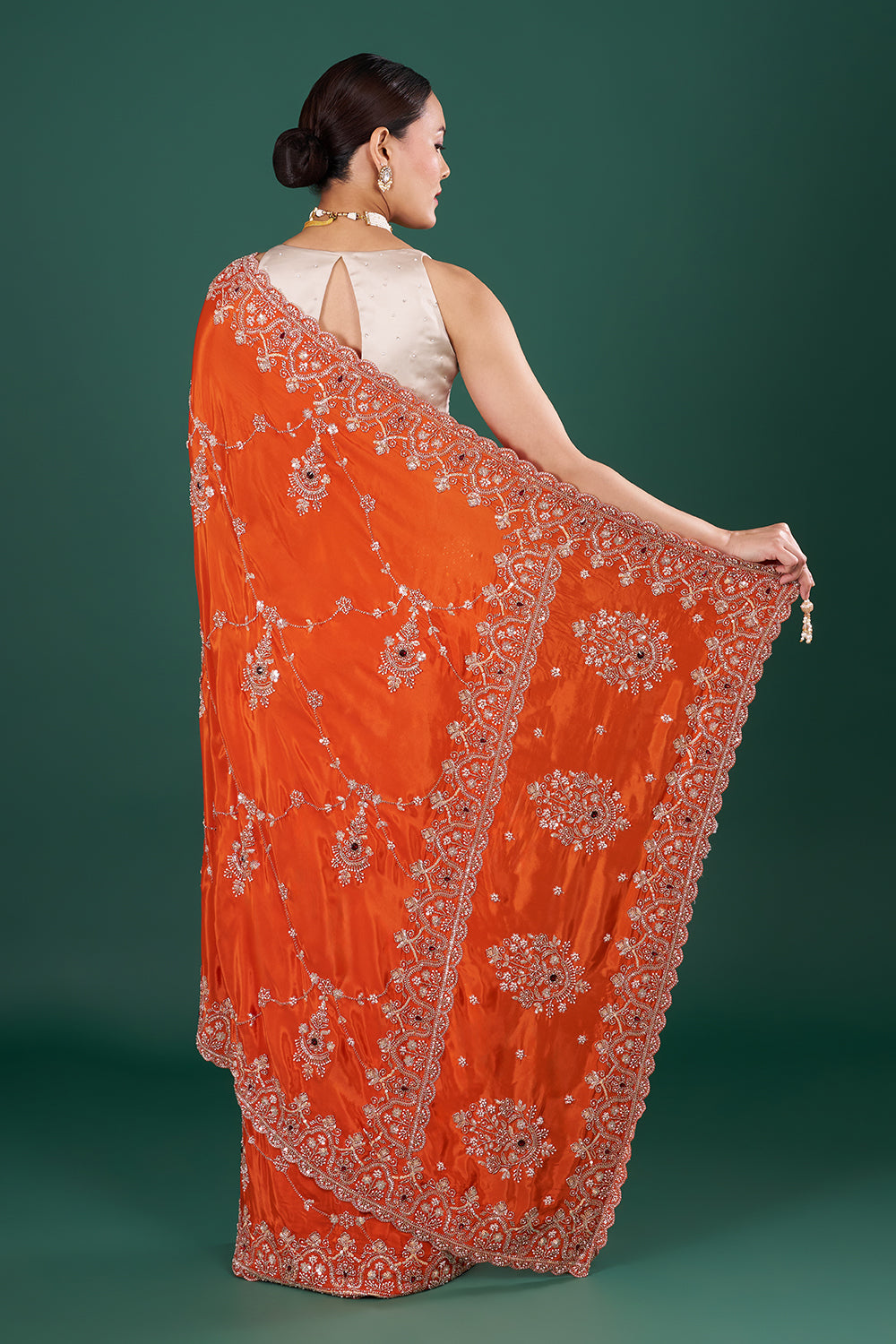 Vermilion Orange Saree with Scalloped Border and Unstitched Blouse