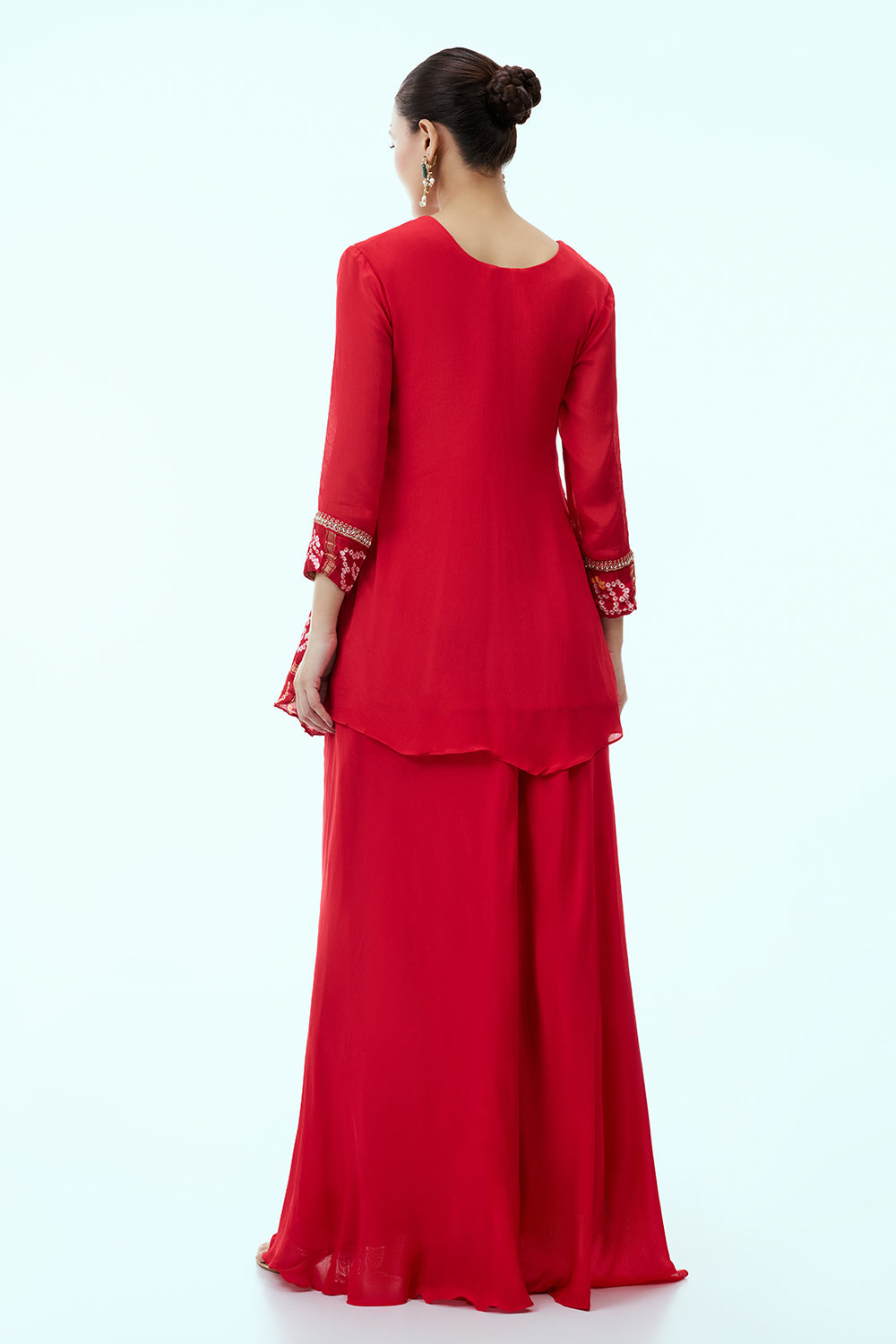 Vermillion Red Chinon Silk Peplum Palazzo Set with Multicoloured Embroidery