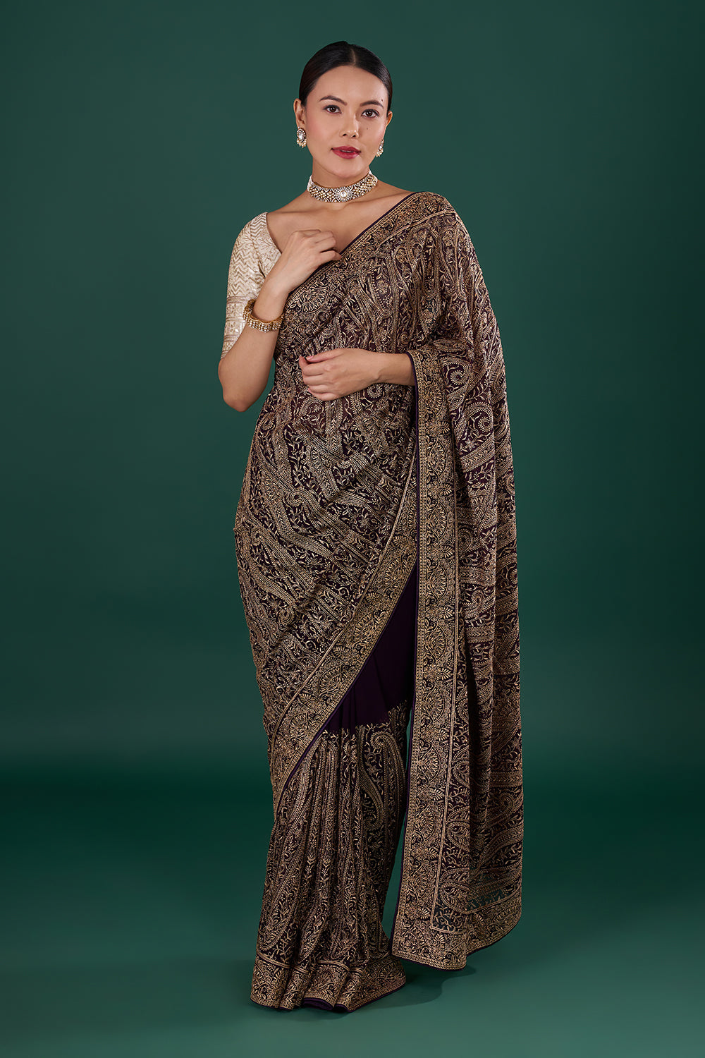 Violet Georgette Saree with Resham Embroidery