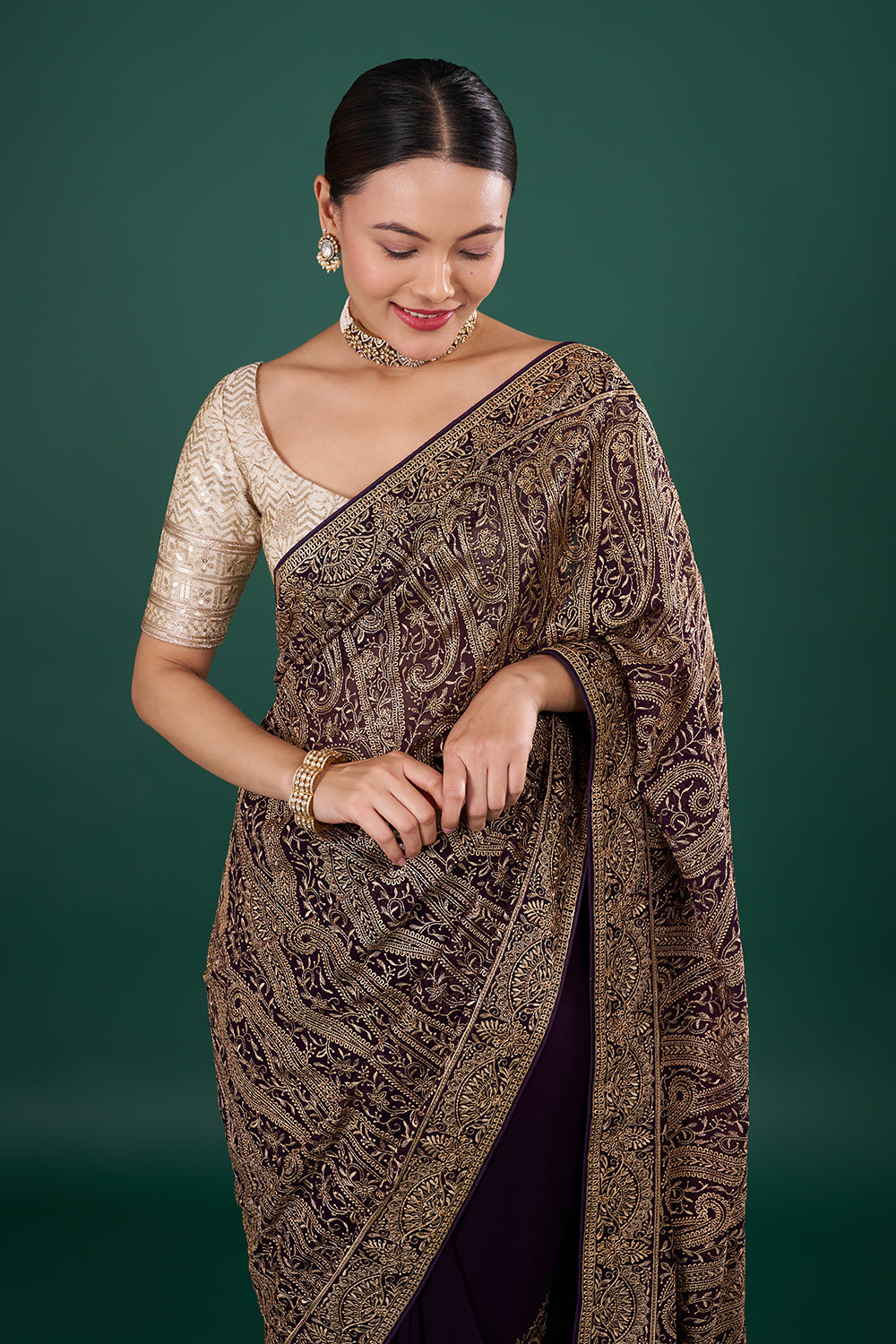 Violet Georgette Saree with Resham Embroidery