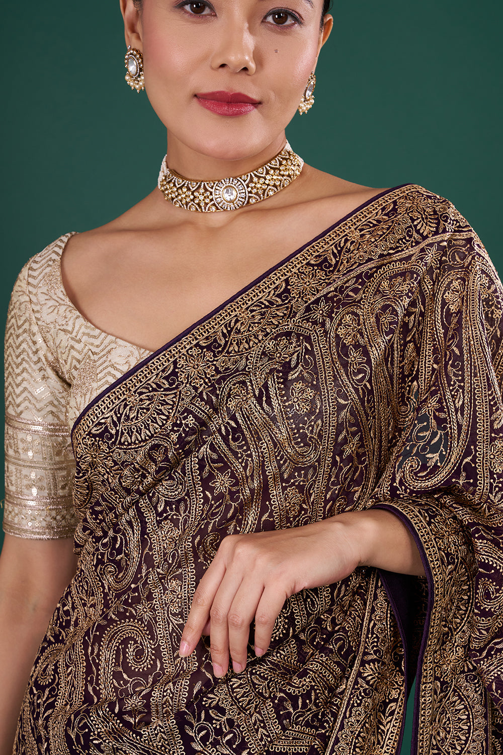 Violet Georgette Saree with Resham Embroidery