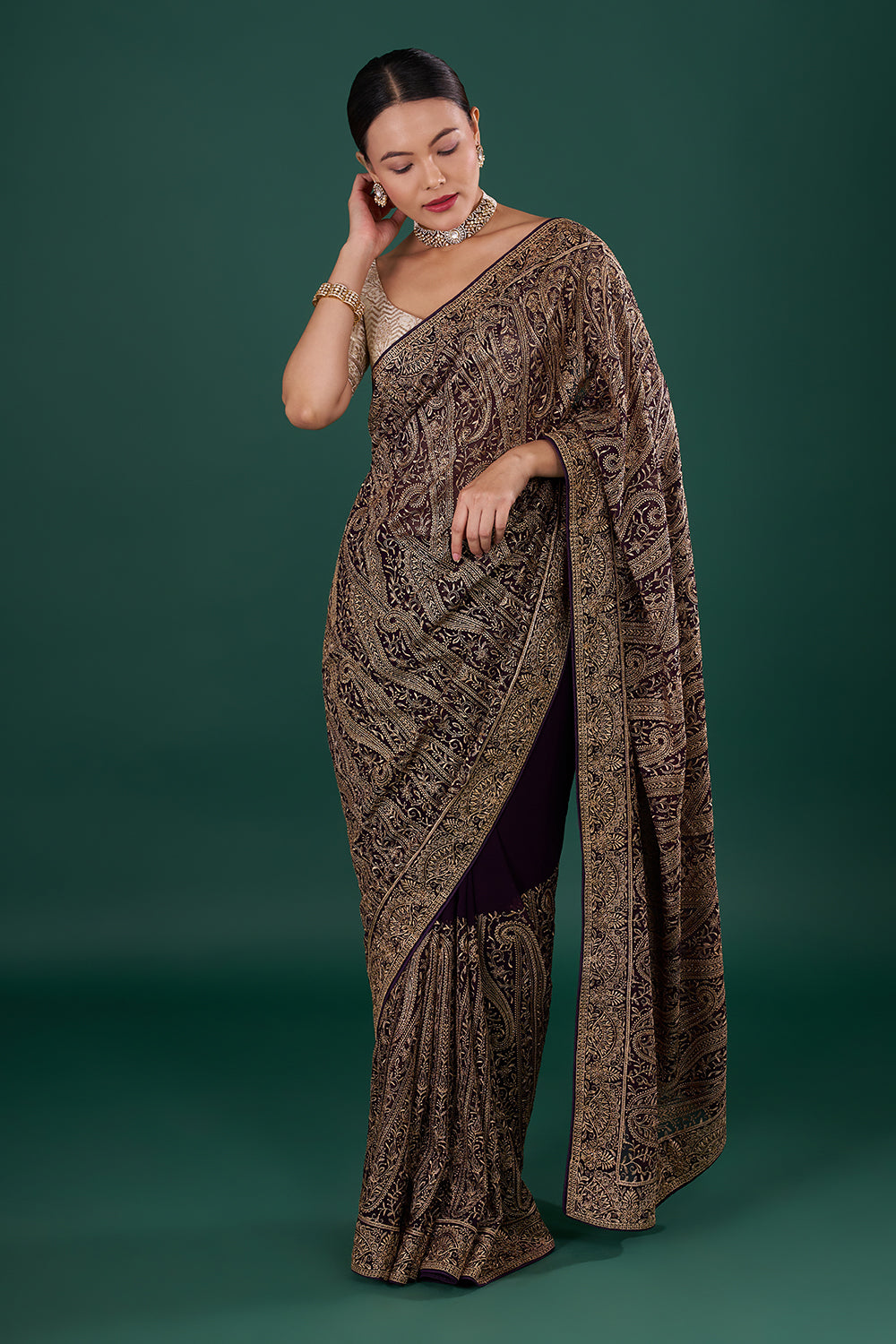 Violet Georgette Saree with Resham Embroidery