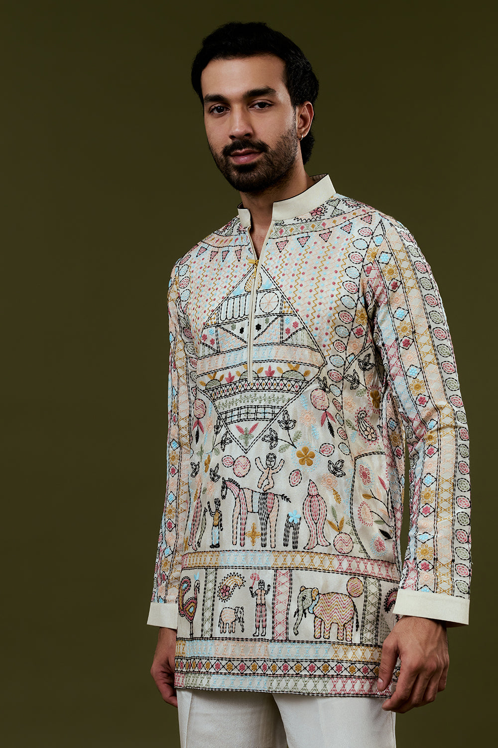 Cream Coloured Short Kurta with Folk Art Threadwork