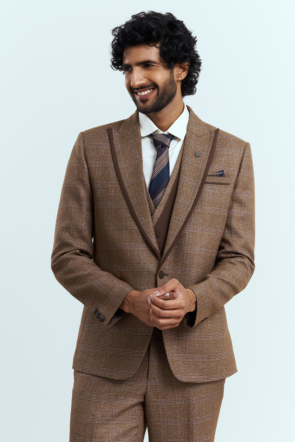 Warm Brown Textured Three-Piece Men's Suit Set