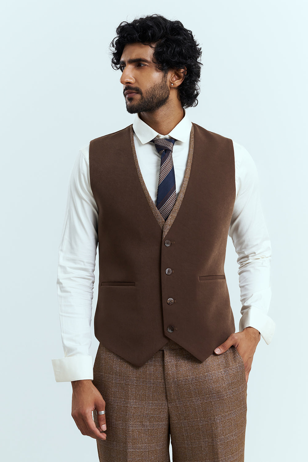 Warm Brown Textured Three-Piece Men's Suit Set