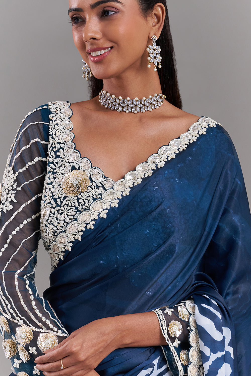 White and Blue Satin Organza Saree with Stitched Blouse