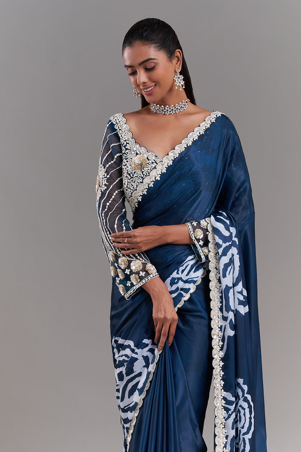 White and Blue Satin Organza Saree with Stitched Blouse