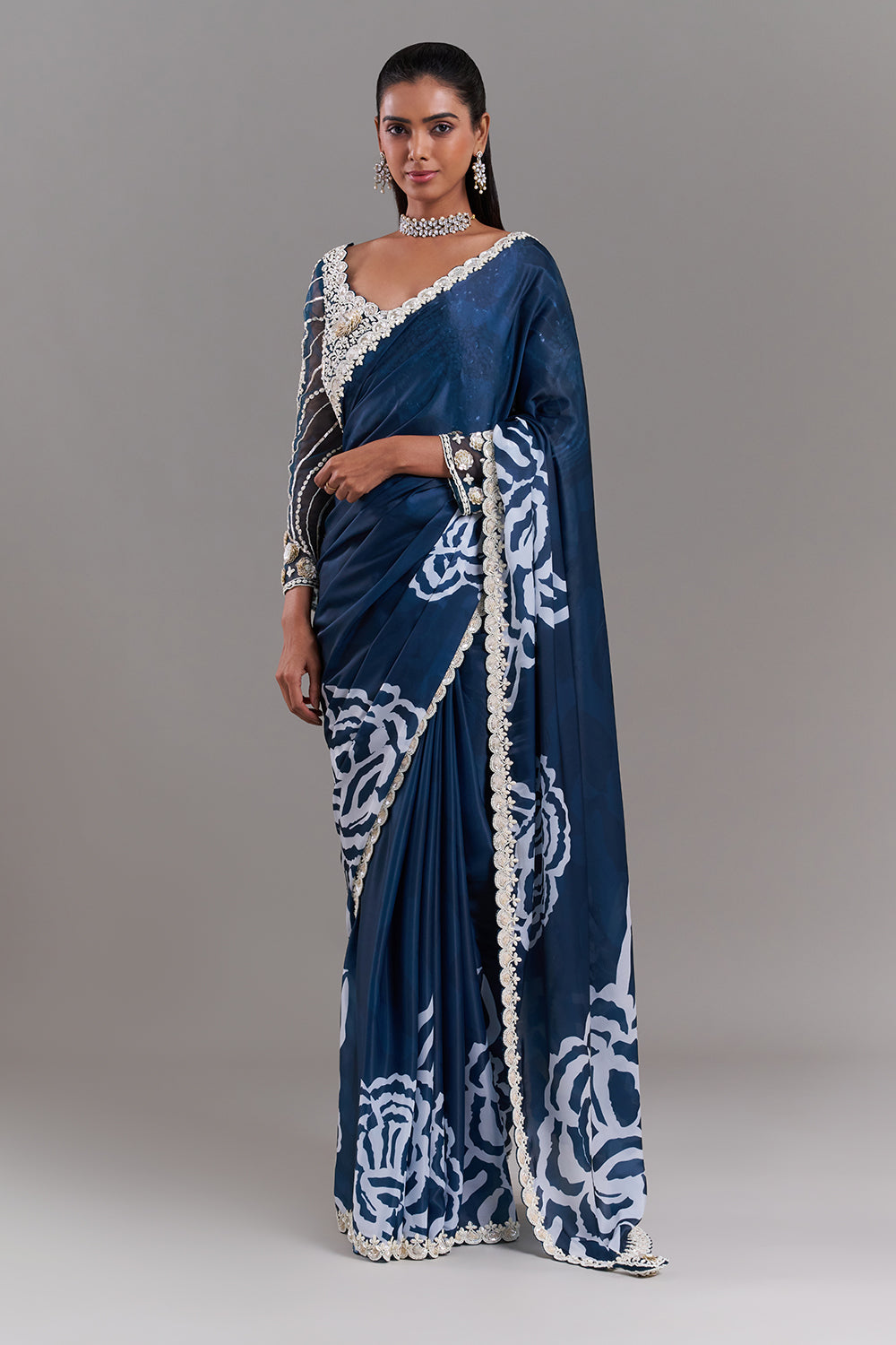 White and Blue Satin Organza Saree with Stitched Blouse