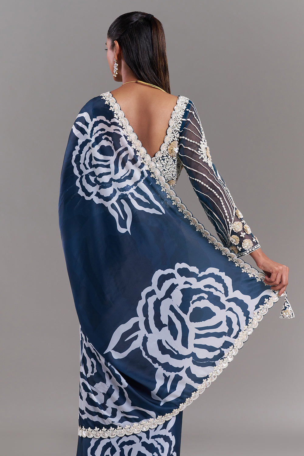 White and Blue Satin Organza Saree with Stitched Blouse