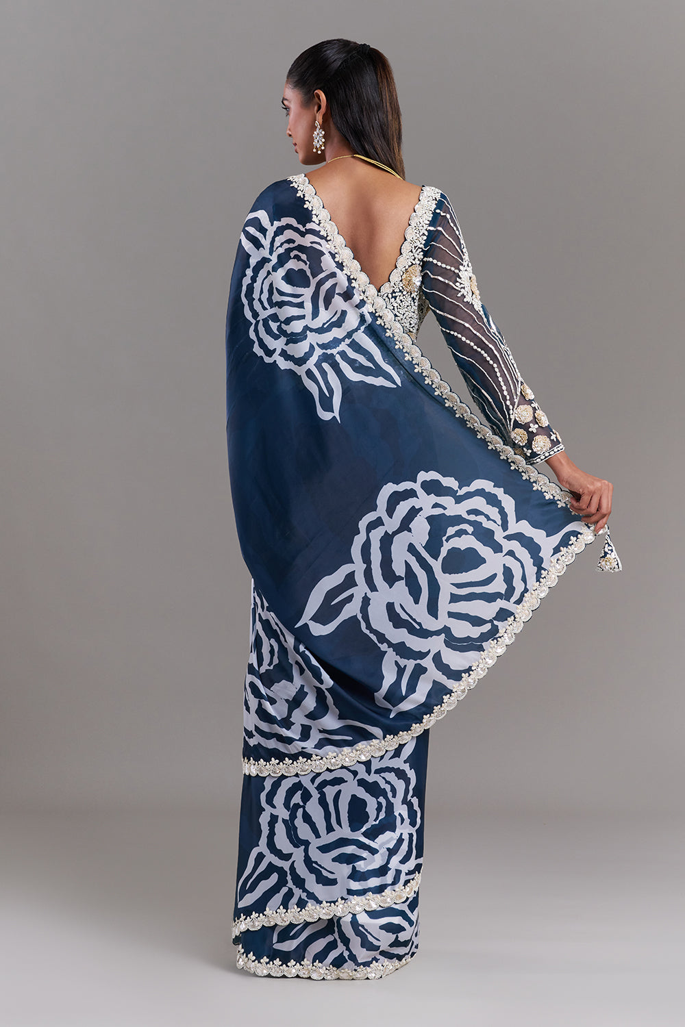 White and Blue Satin Organza Saree with Stitched Blouse