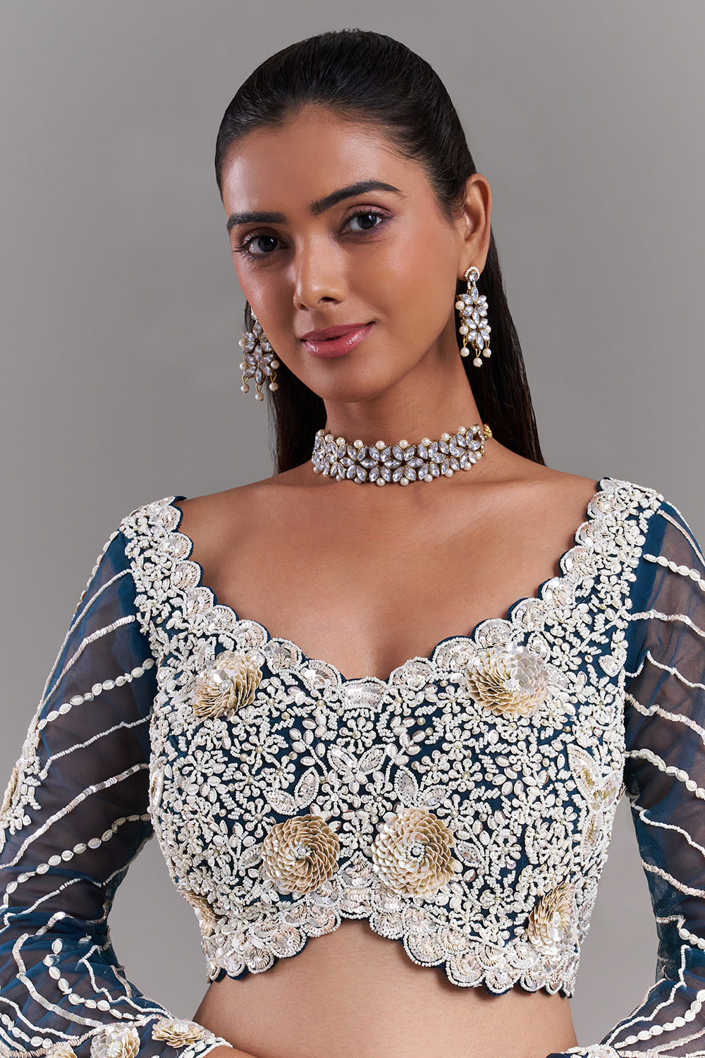 White and Blue Satin Organza Saree with Stitched Blouse