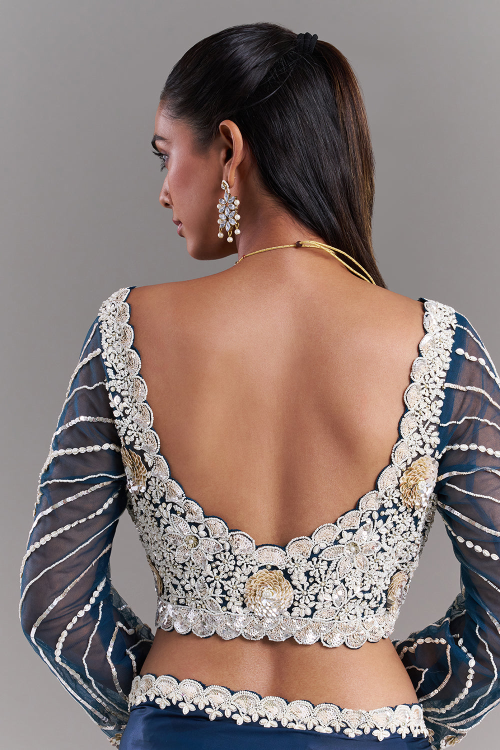 White and Blue Satin Organza Saree with Stitched Blouse