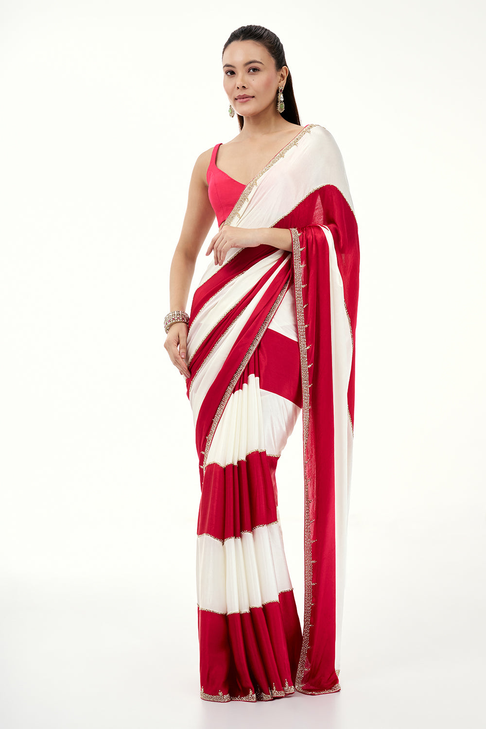 White and Hot Pink Satin Stripe Pattern Saree with Embroidered Border