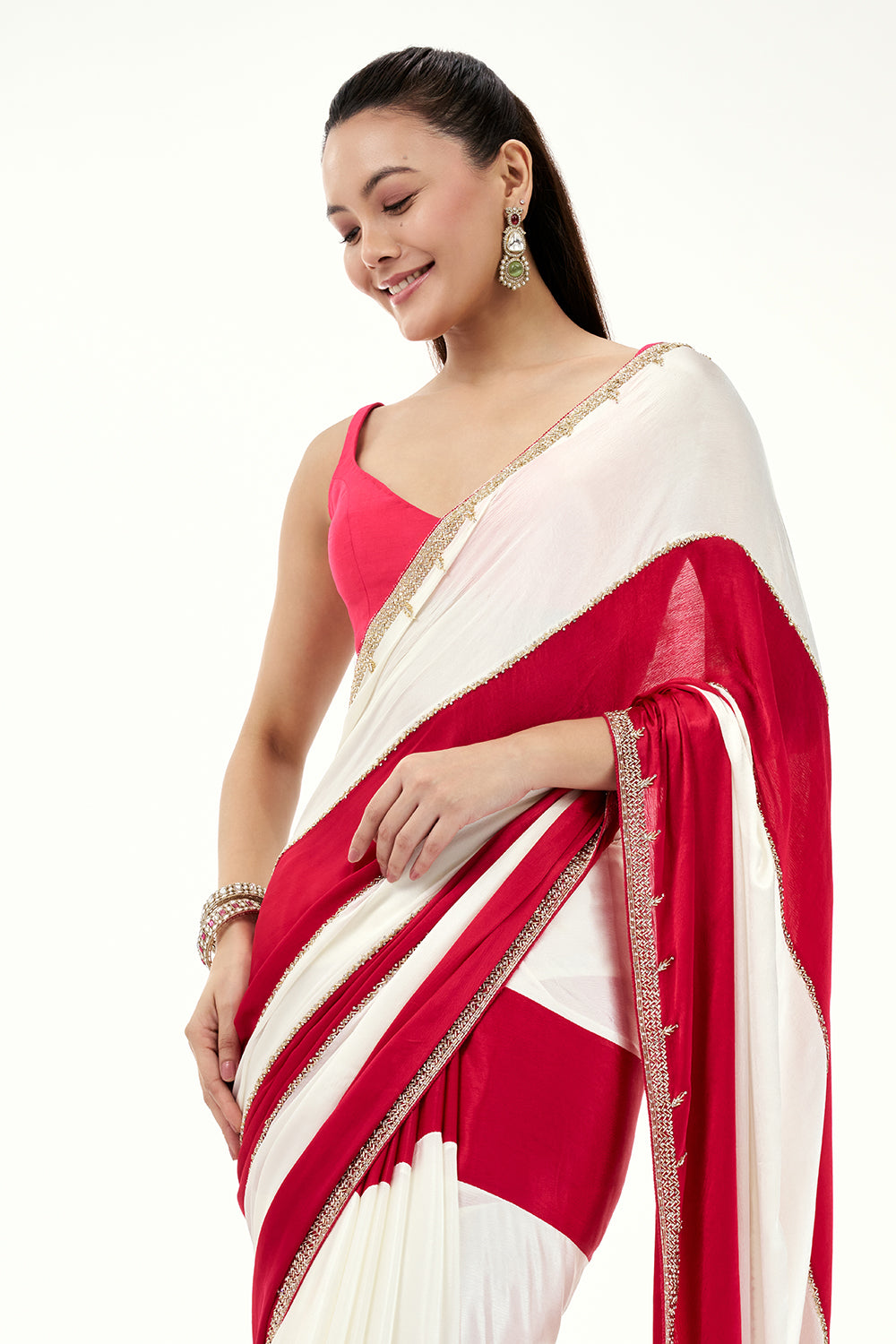 White and Hot Pink Satin Stripe Pattern Saree with Embroidered Border
