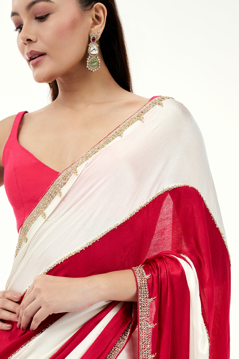 White and Hot Pink Satin Stripe Pattern Saree with Embroidered Border