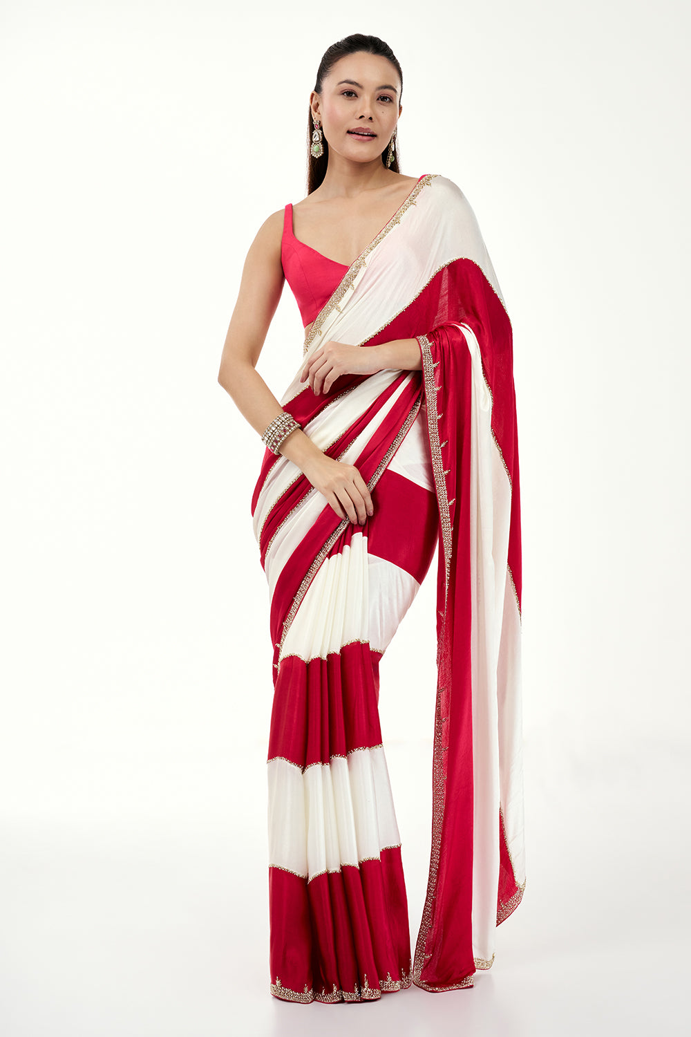 White and Hot Pink Satin Stripe Pattern Saree with Embroidered Border