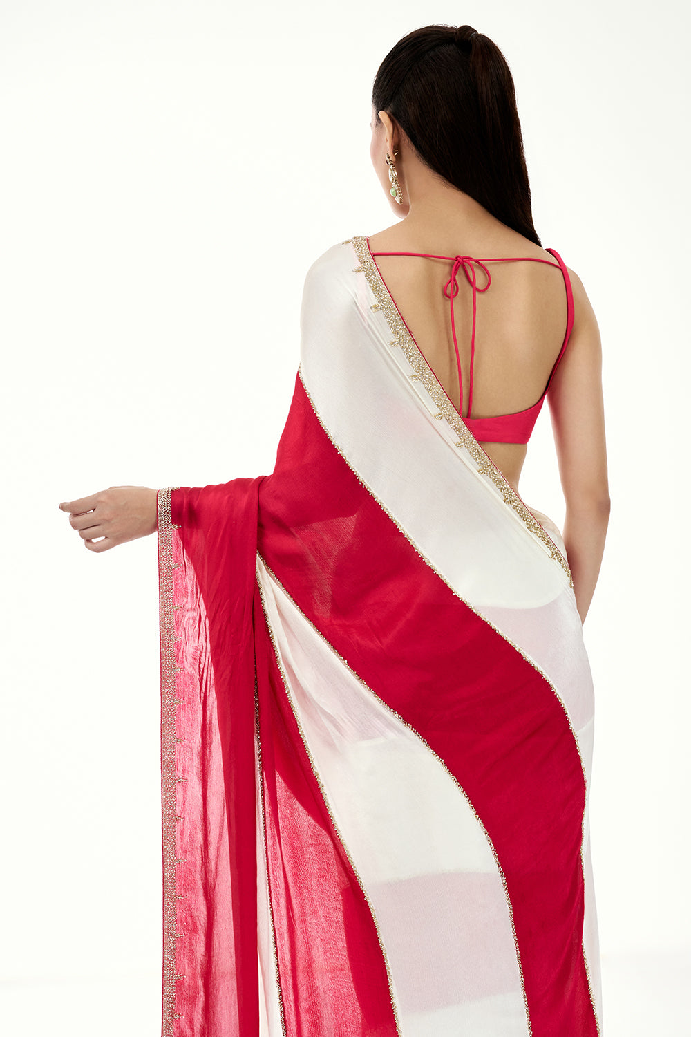White and Hot Pink Satin Stripe Pattern Saree with Embroidered Border