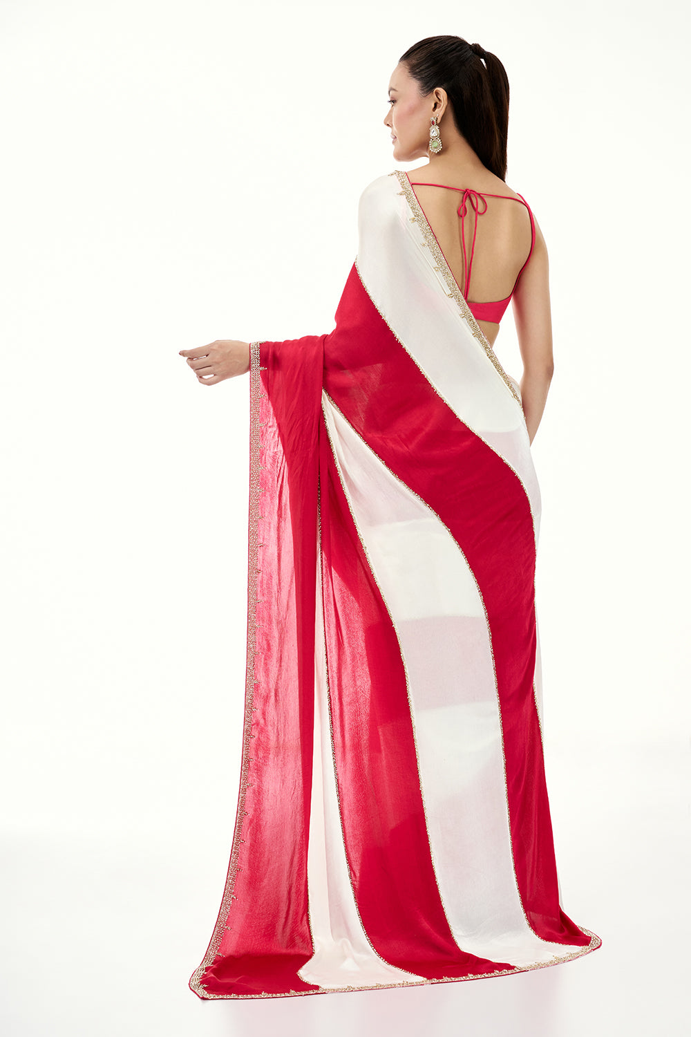 White and Hot Pink Satin Stripe Pattern Saree with Embroidered Border