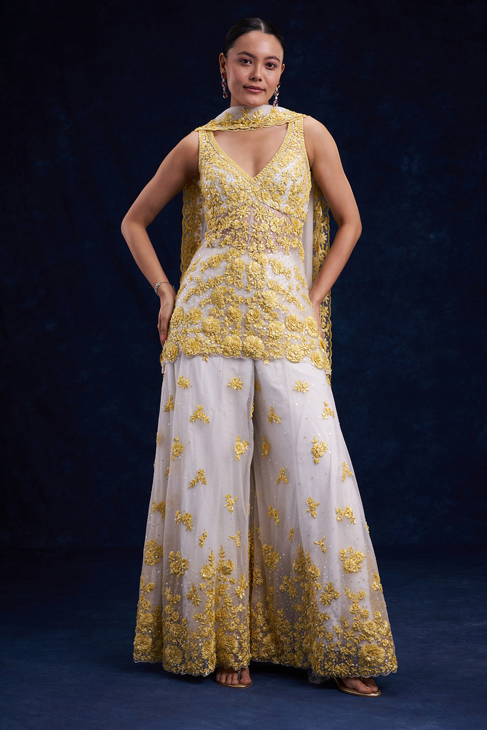 White and Yellow Organza Palazzo Suit with Cutdana and Resham Work