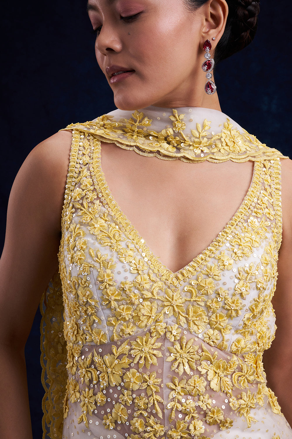 White and Yellow Organza Palazzo Suit with Cutdana and Resham Work
