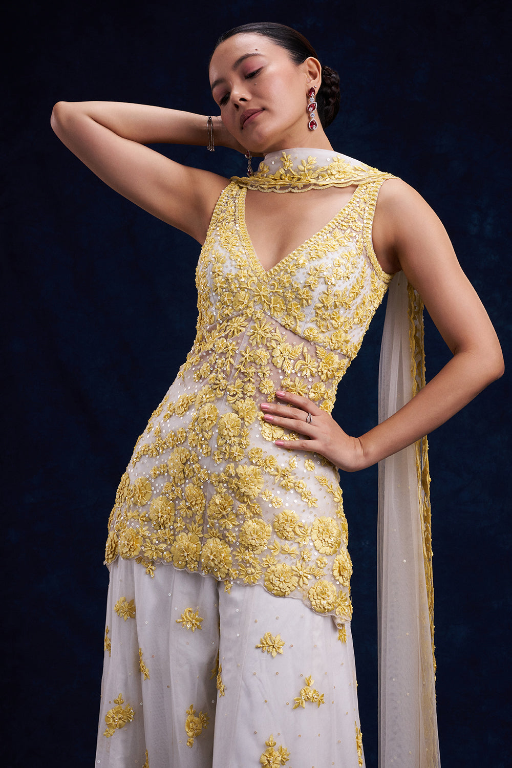 White and Yellow Organza Palazzo Suit with Cutdana and Resham Work
