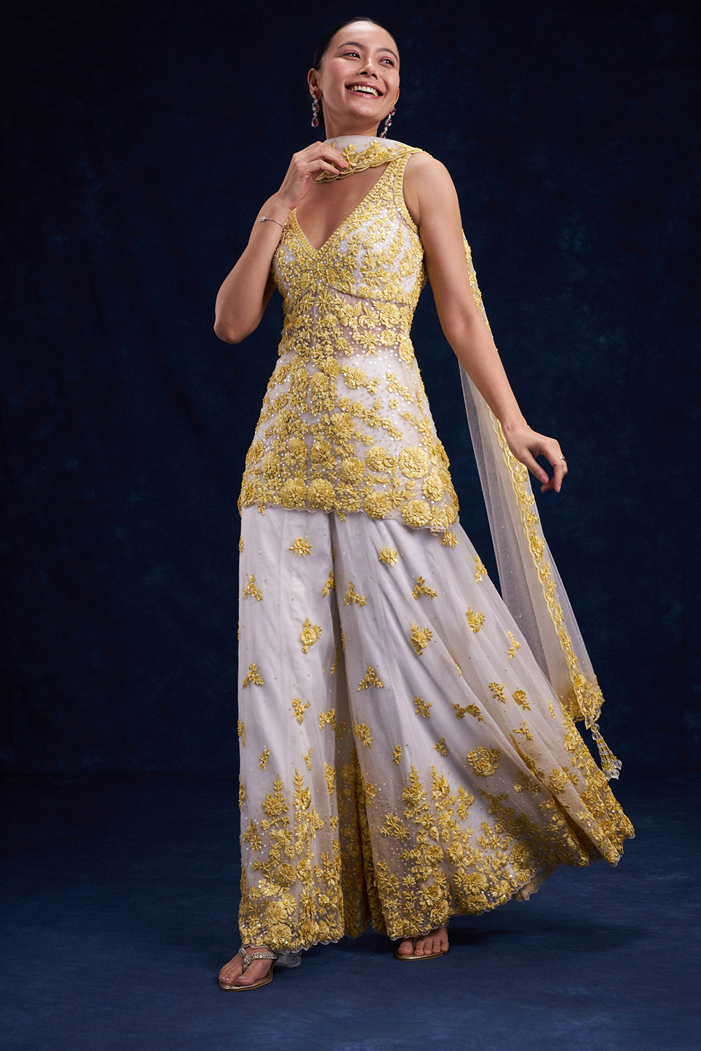 White and Yellow Organza Palazzo Suit with Cutdana and Resham Work