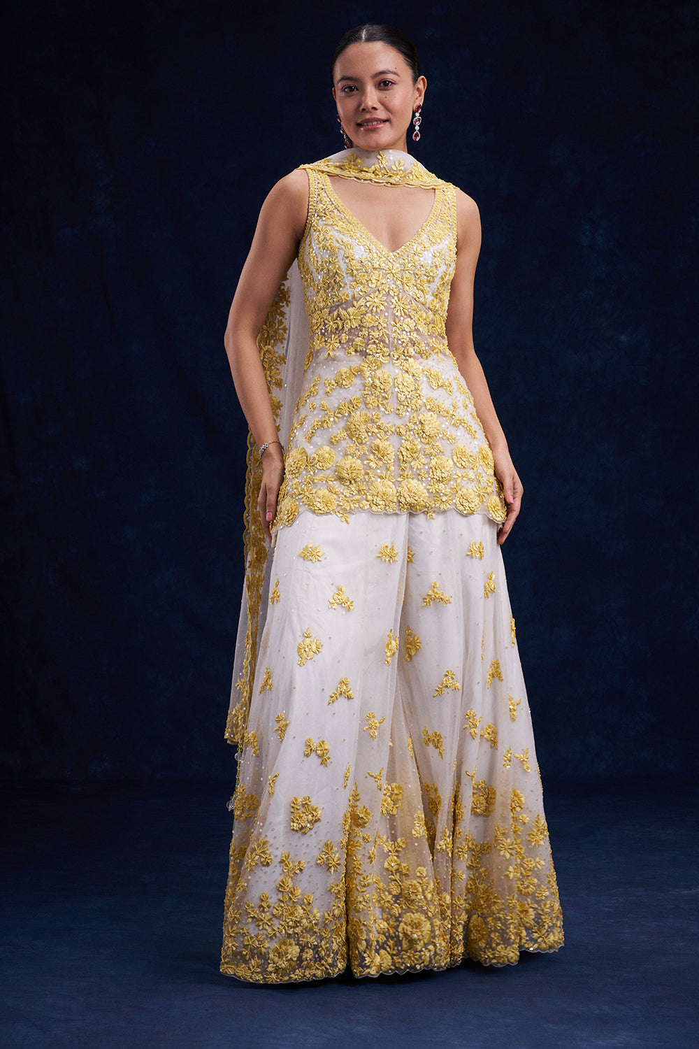 White and Yellow Organza Palazzo Suit with Cutdana and Resham Work