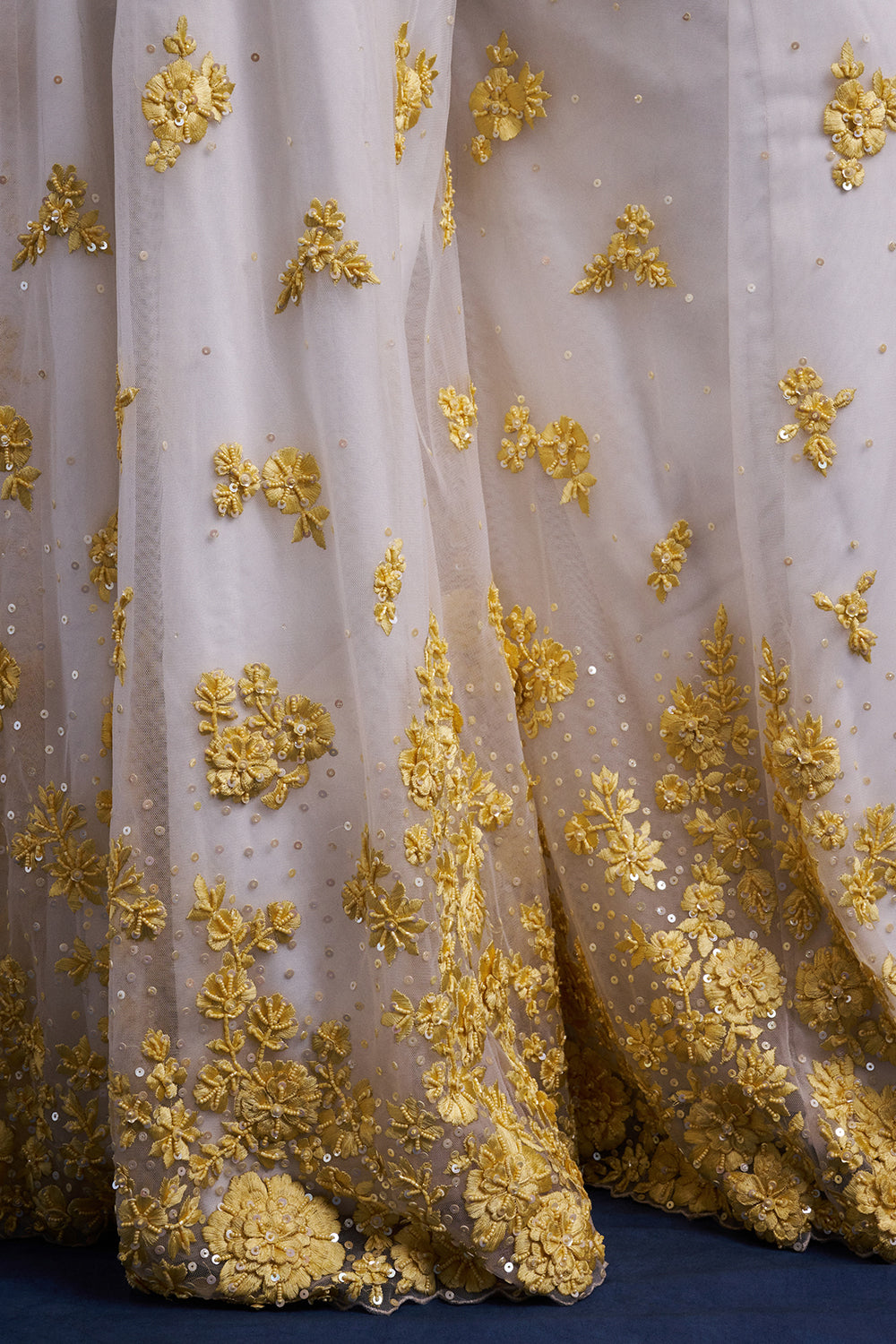White and Yellow Organza Palazzo Suit with Cutdana and Resham Work