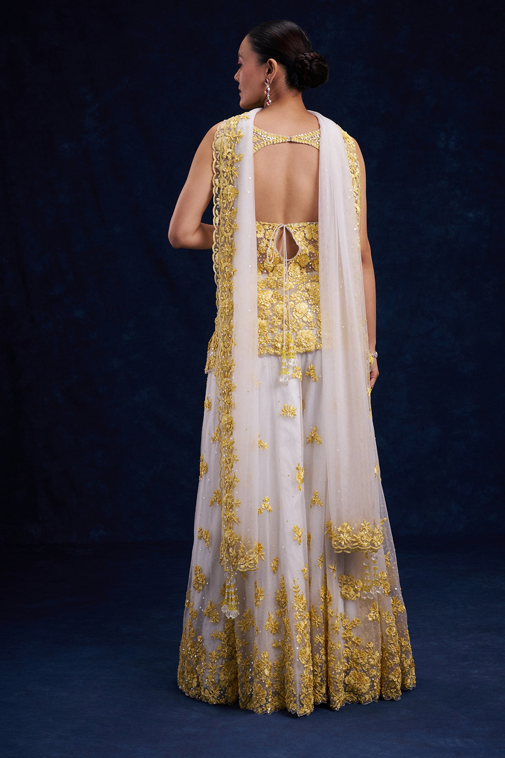 White and Yellow Organza Palazzo Suit with Cutdana and Resham Work