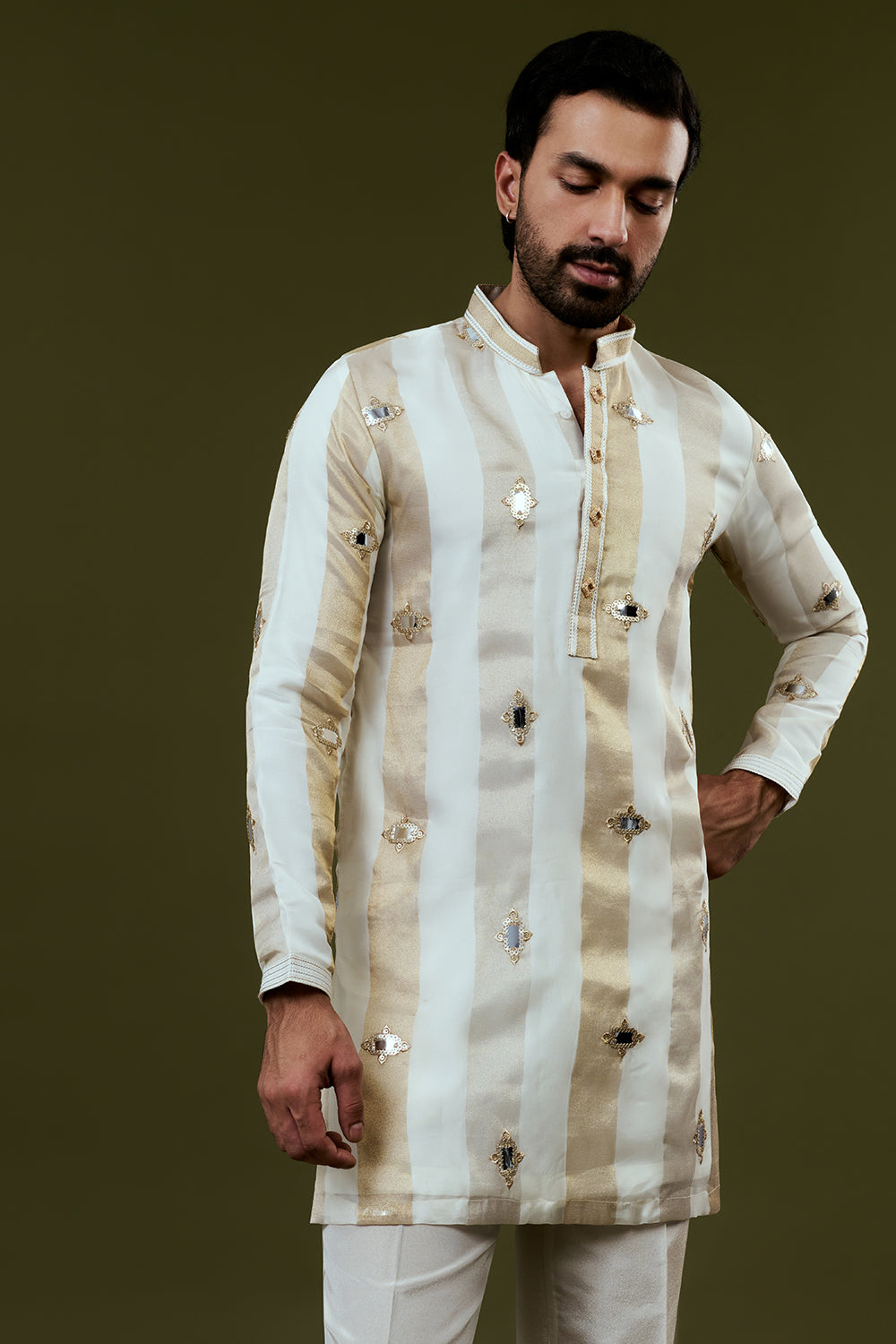 White Base Kurta with Golden and Grey Stripes and Embellished Mirror-Work