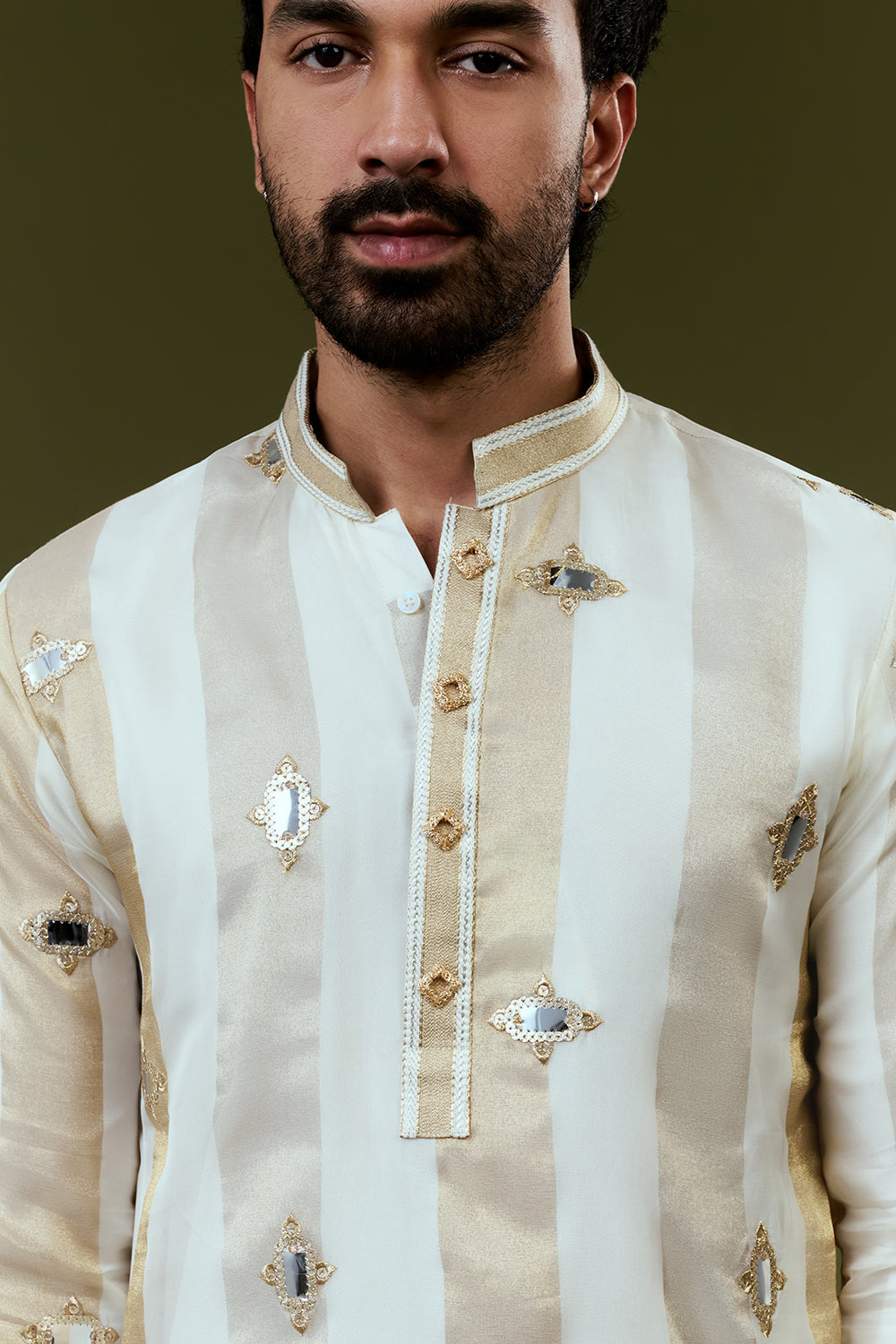 White Base Kurta with Golden and Grey Stripes and Embellished Mirror-Work