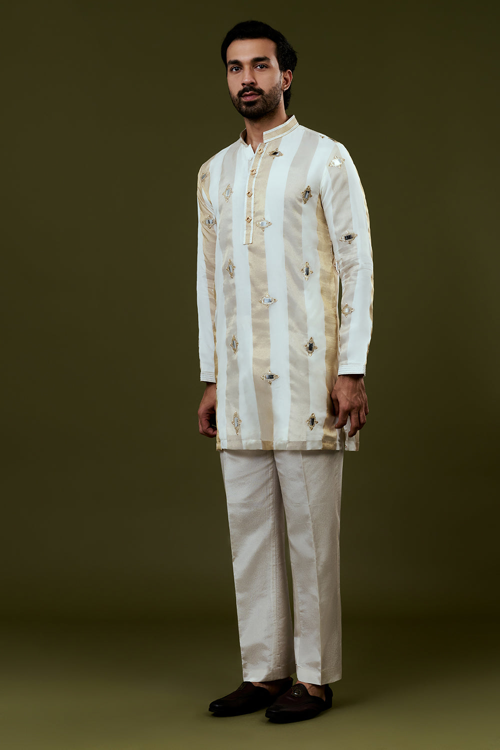 White Base Kurta with Golden and Grey Stripes and Embellished Mirror-Work