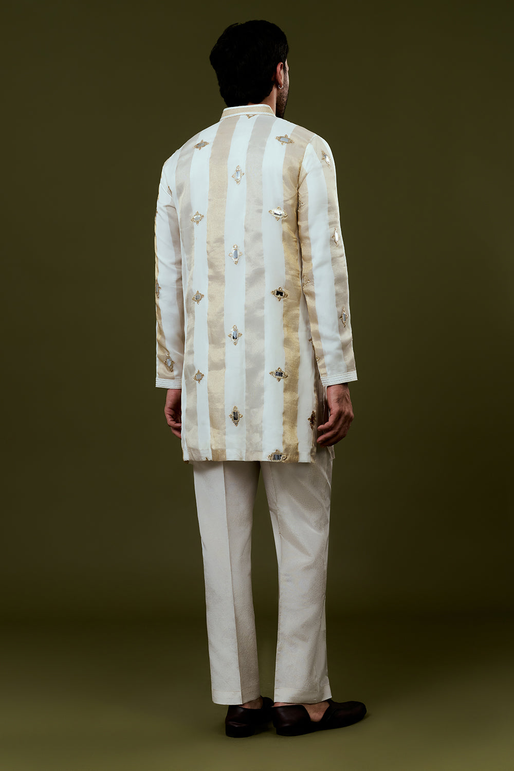 White Base Kurta with Golden and Grey Stripes and Embellished Mirror-Work