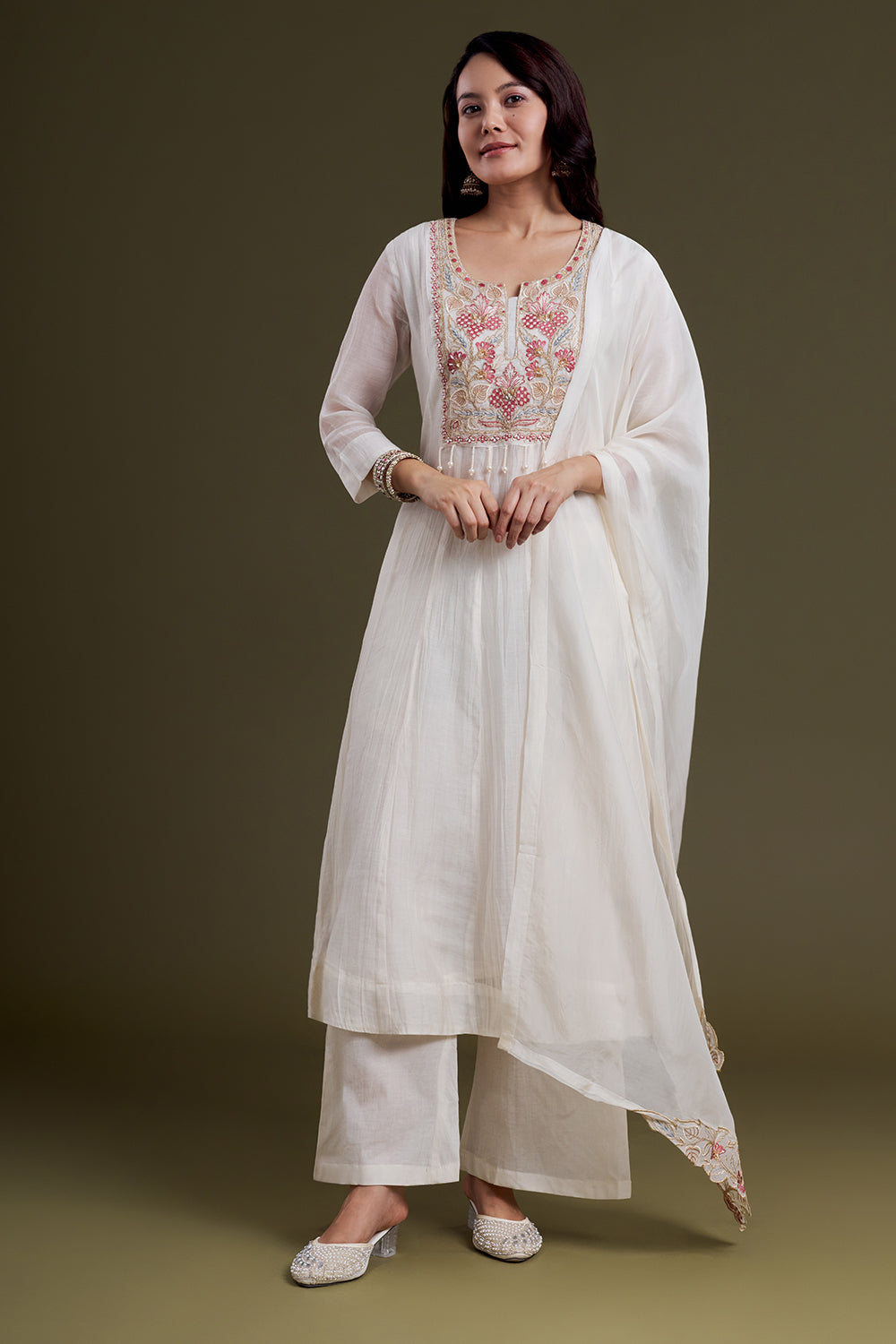 White Chanderi Silk Kurta Set