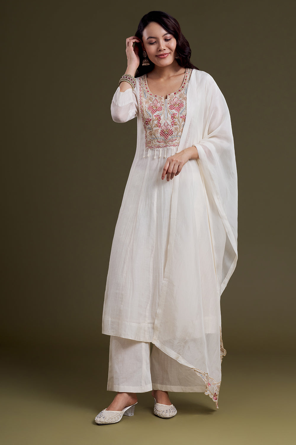 White Chanderi Silk Kurta Set