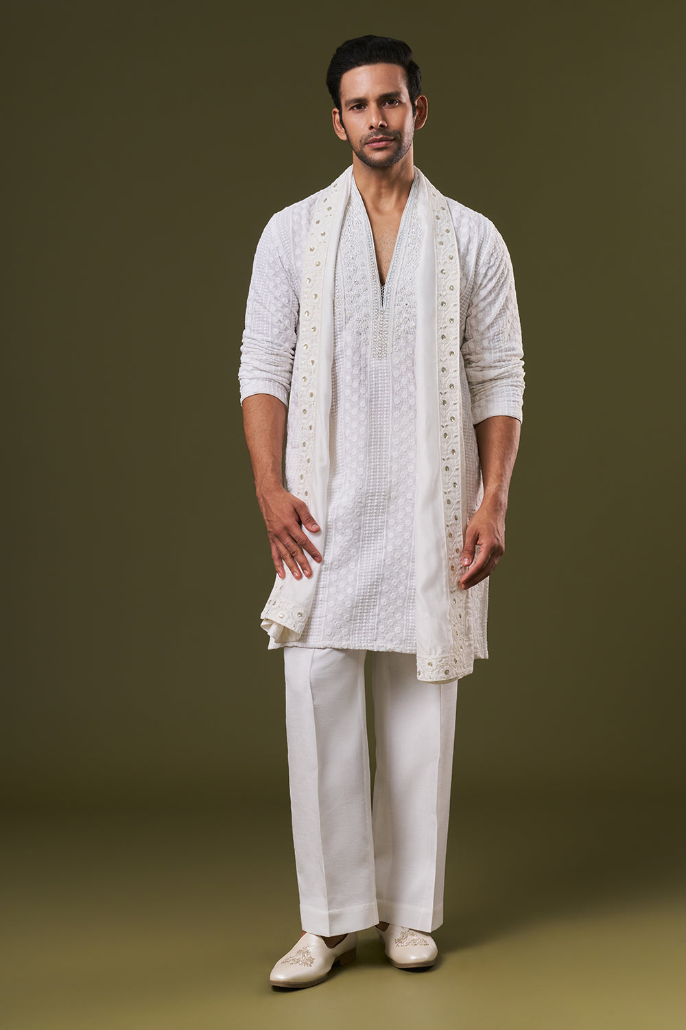 White Cotton Mens Kurta Set with Dori Sequins and Zardosi Work